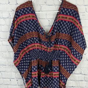 Vtg Panhandle Slim Peasant Blouse Navy Boho Floral Western Sz Small